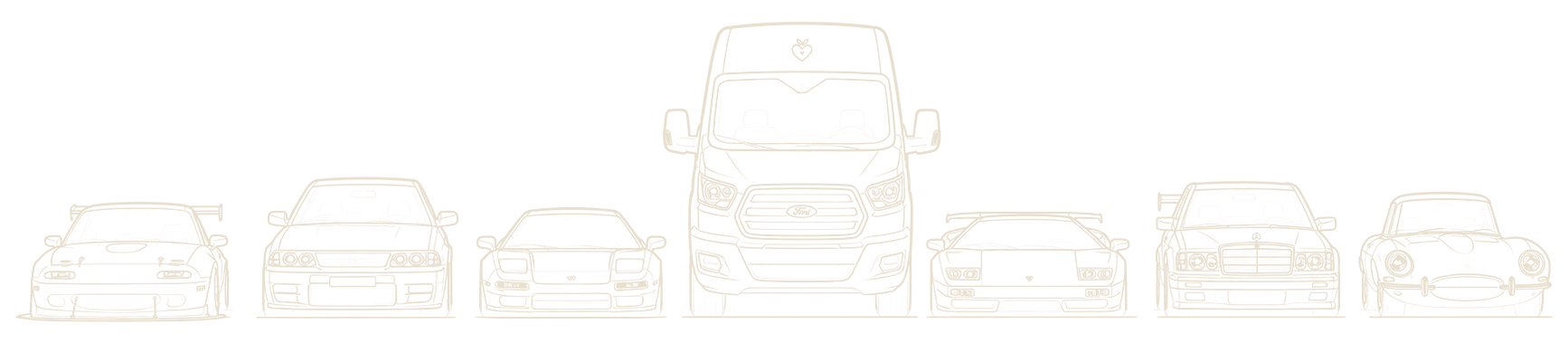 Ivory line art vehicle lineup for Cars for Cause